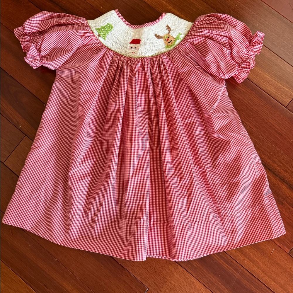 Hand Smocked Sz 4 Christmas Dress Red Gingham Hand Embroidered Puff Sleeves